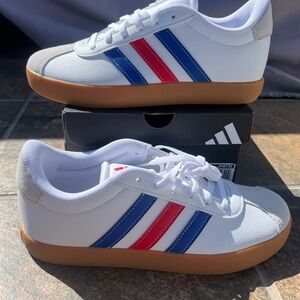 Adidas VL Court 3.0 White Sneakers with Blue & Red Stripes and Gum Sole